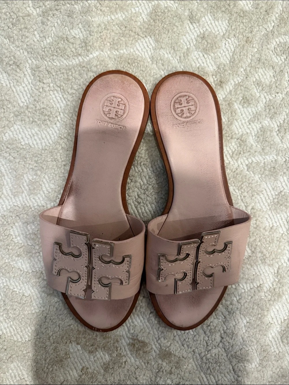 Tory Burch Dusty Pink Leather Logo Slide Mules